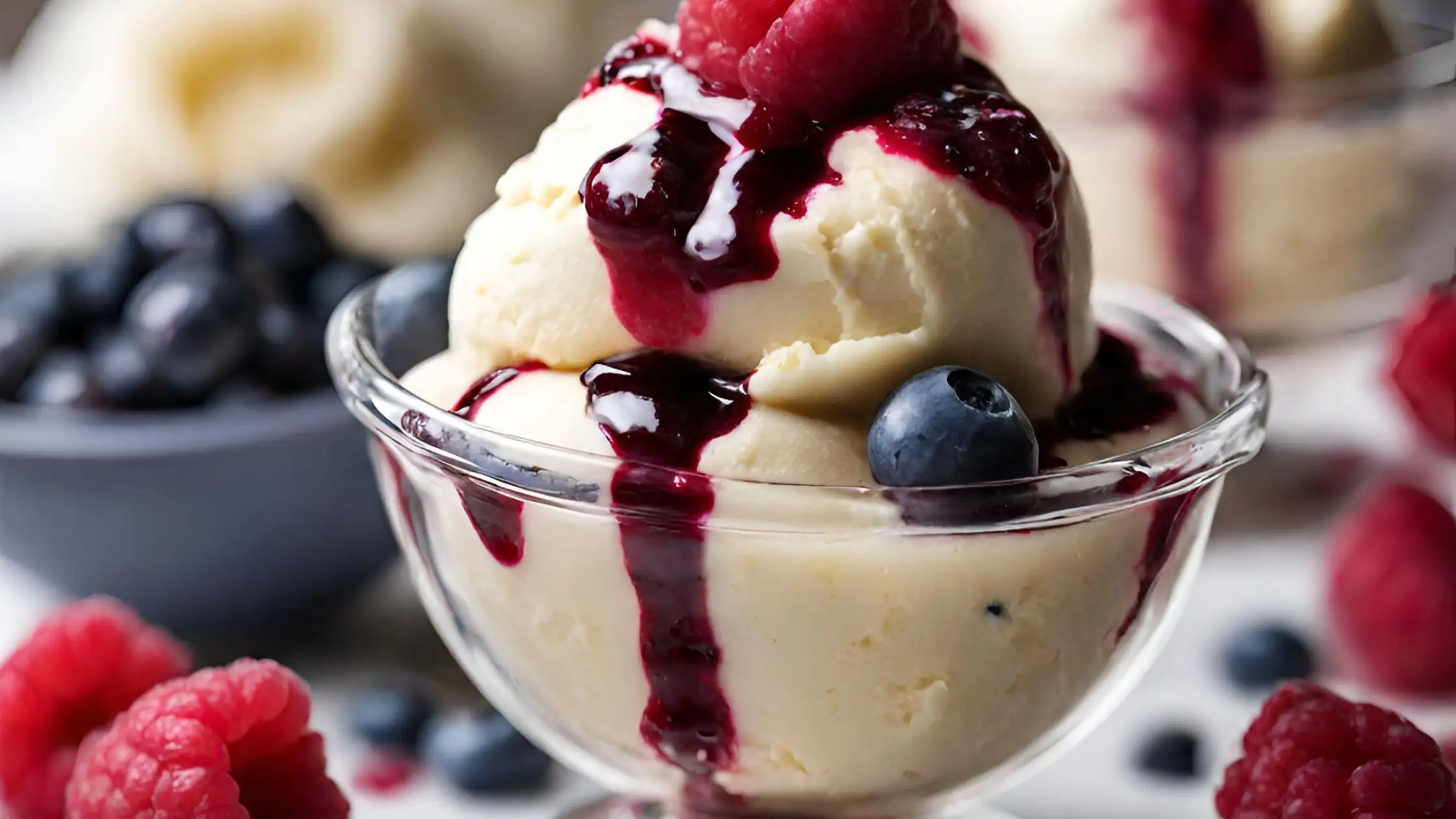 red, white and blueberry gelato sundae